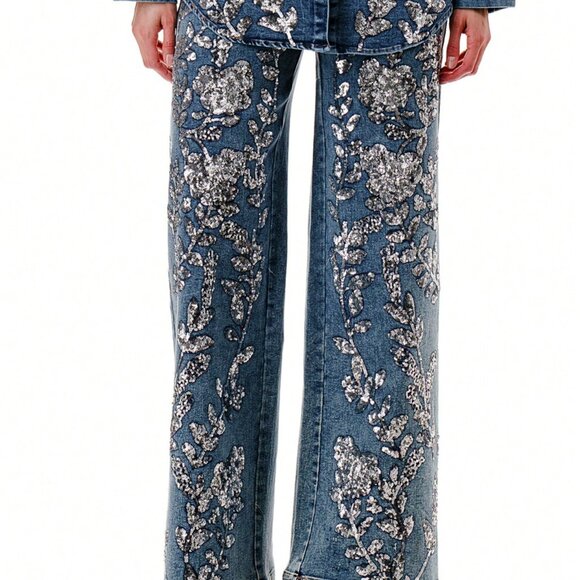 Blue Casual Women's Floral Sequin Party Denim Jacket & Jeans Vacation Set - Picture 5 of 6